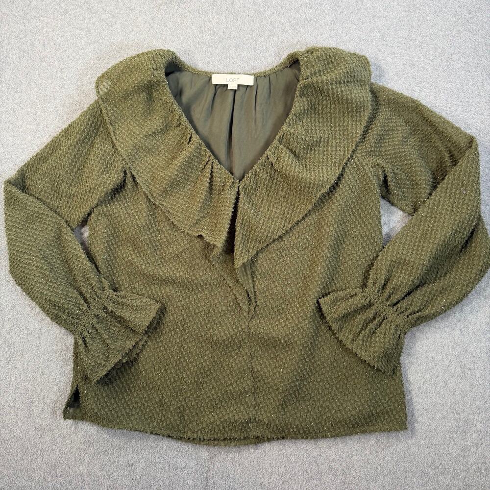 LOFT Women's XS Olive Green Shimmer Textured Ruffle Collar V-Neck Blouse Top